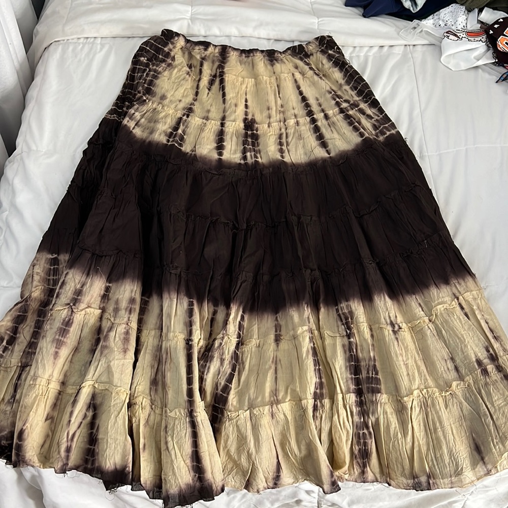 The Little Bazaar Woody Brown Tie Dyed Tiered Cotton Maxi Skirt
